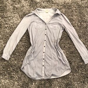 Navy blue and grey stripe button up dress